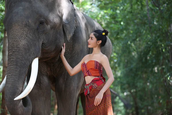 Portrait Beautiful Rural Thai Woman Wear Thai Dress Elephant Surin — Stockfoto