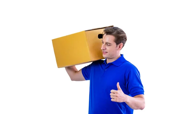 Entrega Hombre Llevando Caja Cartón Paquete Aislado Sobre Fondo Blanco —  Fotos de Stock