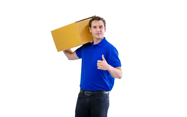 Consegna Uomo Che Trasporta Scatola Cartone Pacchetto Isolato Sfondo Bianco — Foto Stock