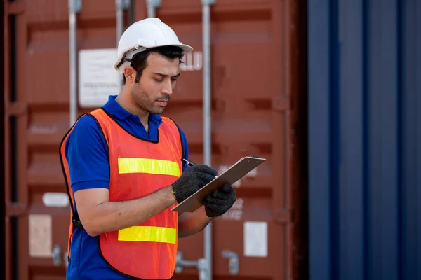 One Foreman Engineer Cargo Container Worker Hold Record Data Clipboard — Stock Photo, Image