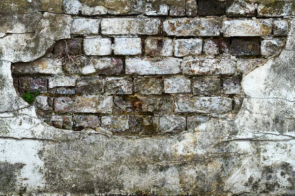 在破碎的石膏下 有严重风化和结构的砖墙 — 图库照片