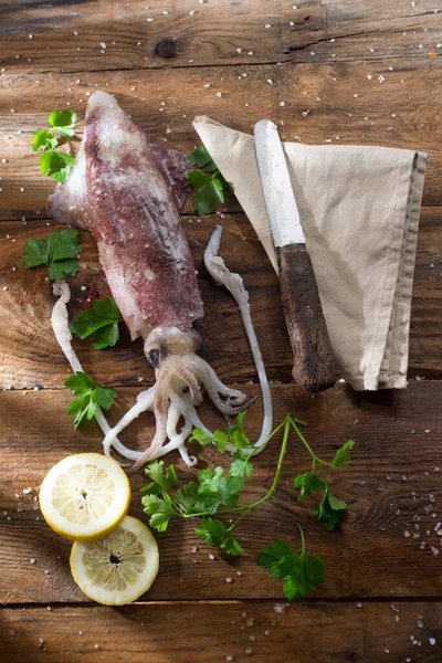 Fresh Raw Squid Wooden Table — Stock Photo, Image