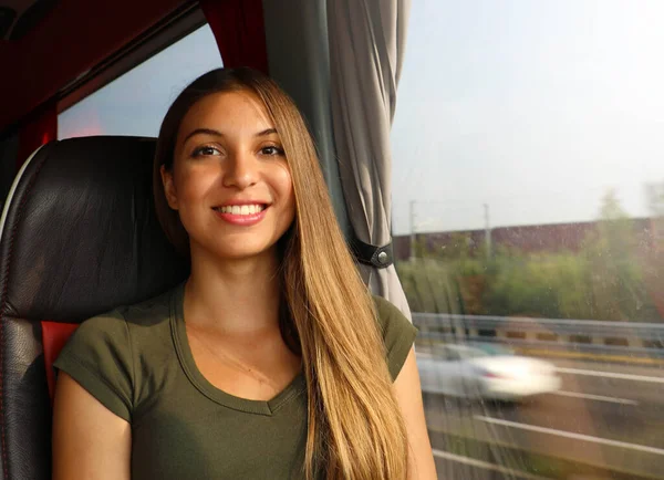 Smiling Beautiful Traveler Woman Bus Looking Camera Concept Public Transportation — Stock Photo, Image
