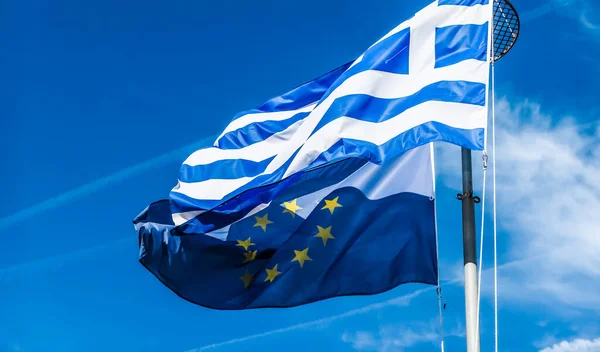 Flags Greece European Union Blue Sky Background Politics Europe — Stockfoto