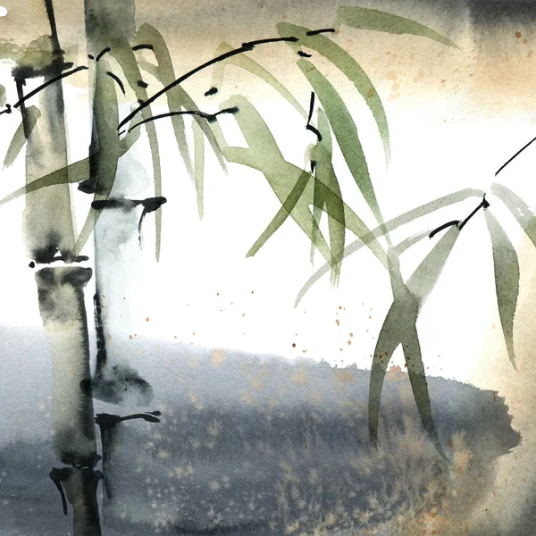 Bambou Aquarelle Avec Feuilles — Photo