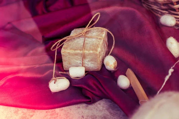 White Silkworm Cocoons Red Cloth Piece Display — Photo
