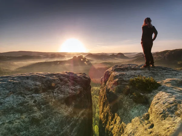 Модель Одинокого Туриста Дикой Природе Чудесном Восходе Солнца — стоковое фото