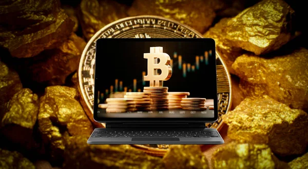 stock image Bitcoin screen laptop  closeup view