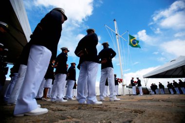 Salvador, Bahia, Brezilya - 11 Haziran 2019: Salvador 'daki Riachuelo Deniz Muharebesi sırasında Brezilya Donanması' na bağlı askeri personel. 