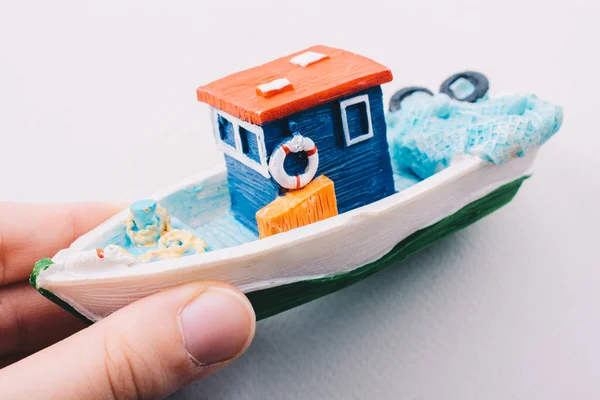 Piccola Barca Pesca Modello Colorato Mano — Foto Stock