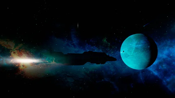 Raumschiff Nähert Sich Einem Neuen Blauen Planeten — Stockfoto