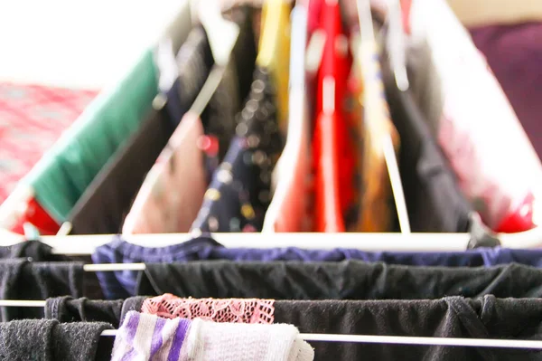 Colorful Different Dress Laundry Hanging Drying Rack — Fotografia de Stock