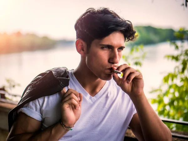 Handsome Stylish Young Man Smoking Cigarette — Fotografia de Stock