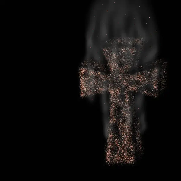 Burning smoldering cross on dark background