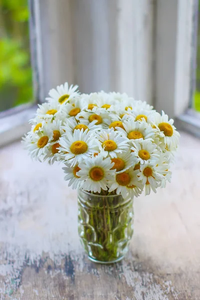Daisy Chamomile Flowers Transparent Glass Jar Wooden Table Country Interior — Photo