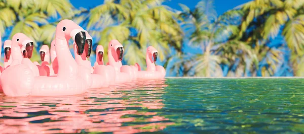 Basen Tropikalny Wypełniony Flamingami Palmami Plecami — Zdjęcie stockowe