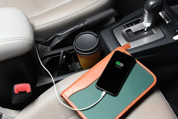 Businessman Cell Phone Passenger Seat Plugged Cars Charging Port Coffee — Stock Photo, Image