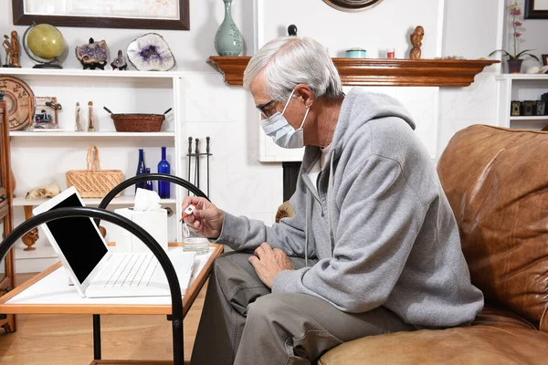 Man Feeling Well Wearing Covid Face Mask Checking His Temperature — Stock Photo, Image