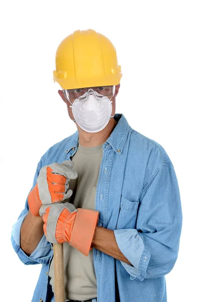Pracownik Budowlany Miał Twardą Maskę Ochronną Trzymającą Się Uchwytu Łopaty — Zdjęcie stockowe