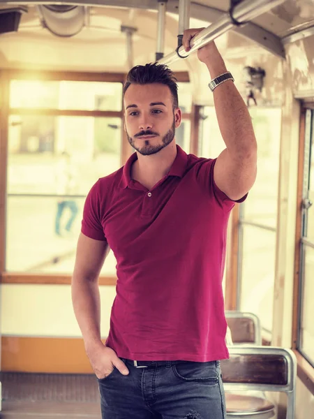 Young Handsome Man Riding Tram Old Bus City — Stockfoto
