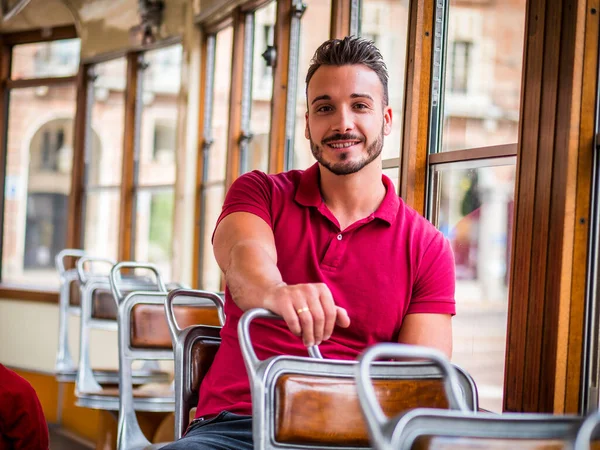 Young Handsome Man Riding Tram Old Bus City — Zdjęcie stockowe