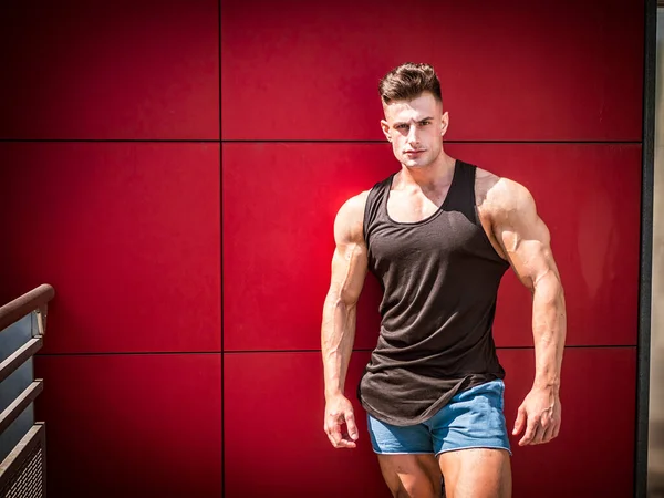 Handsome Fit Young Man Black Tank Top Outdoor City — Stockfoto