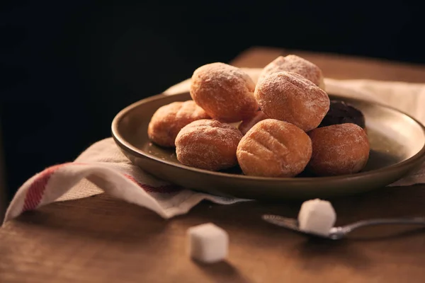 Small Donuts Powdered Sugar Selective Focus — Stock Photo, Image