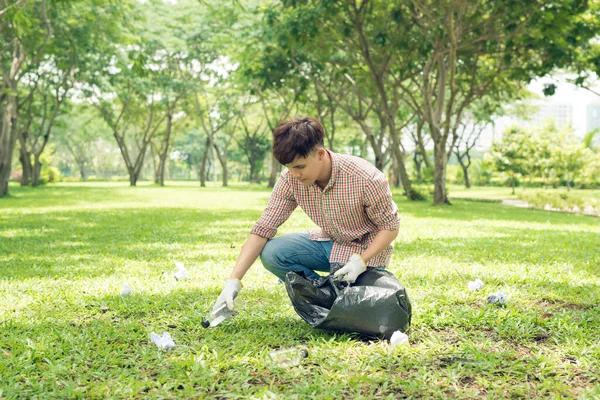 Young Asian Man Yellow Rubber Gloves Putting Household Waste Small — Photo