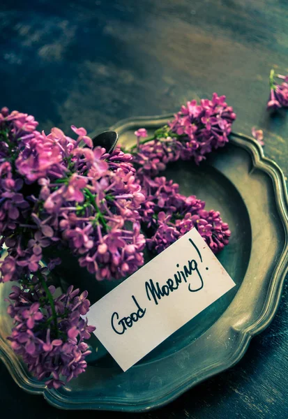 Jarní Šeříkové Květy Podnose Dobré Ráno Přání — Stock fotografie