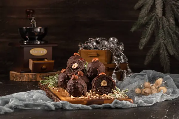 Dark Chocolate Truffles Hazelnuts — Stock Photo, Image