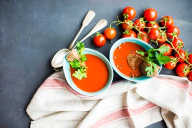 close-up shot of fresh organic tomato soup on tabletop for background