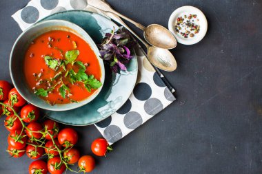 close-up shot of fresh organic tomato soup on tabletop for background