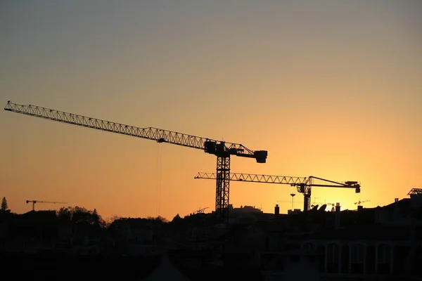 Cranes Working Sunset Lisbon — Stock fotografie
