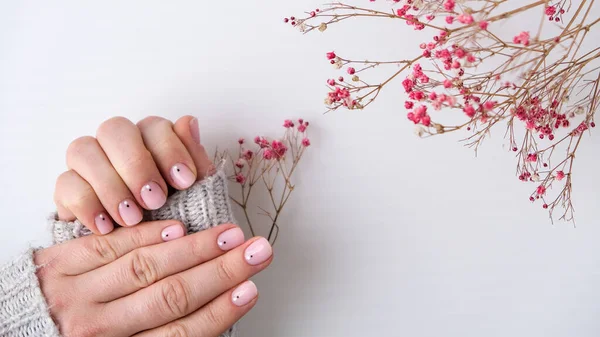 Kvinnliga Händer Med Vacker Naken Manikyr Med Ömtåliga Rosa Gypsophila — Stockfoto
