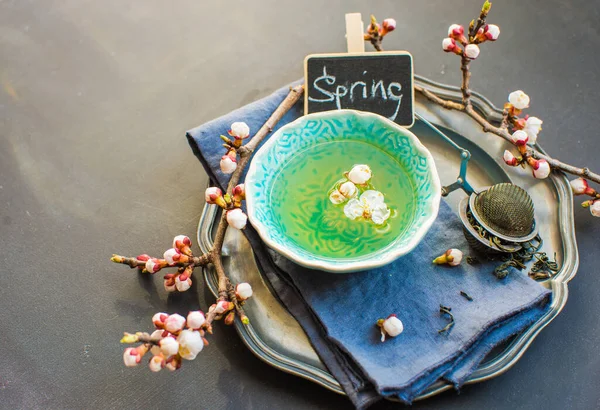 Chá Verde Flor Pêssego Como Conceito Primavera — Fotografia de Stock