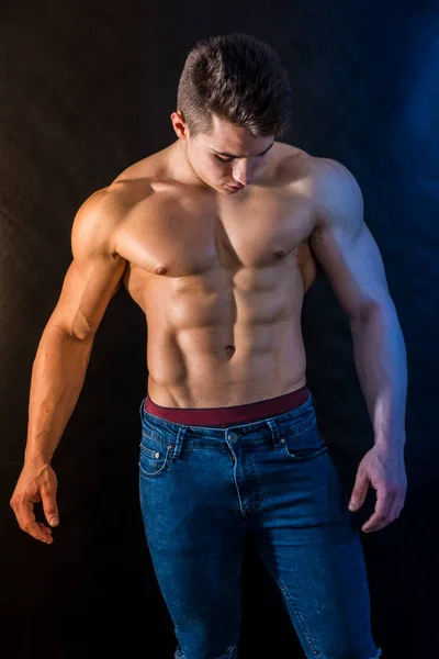 Young Muscleman Standing Shirtless Black Background — Stock Photo, Image