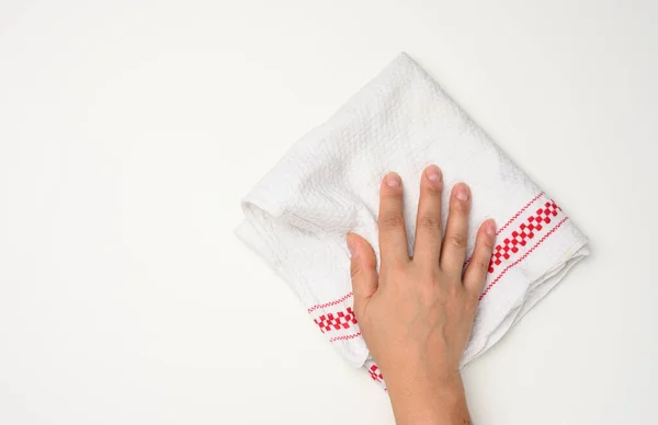 Female Hand Holding White Kitchen Towel White Table Top View — Stock Photo, Image