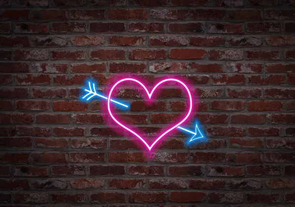 Hearth Kształt Neonu Światła Ścianie Cegły — Zdjęcie stockowe