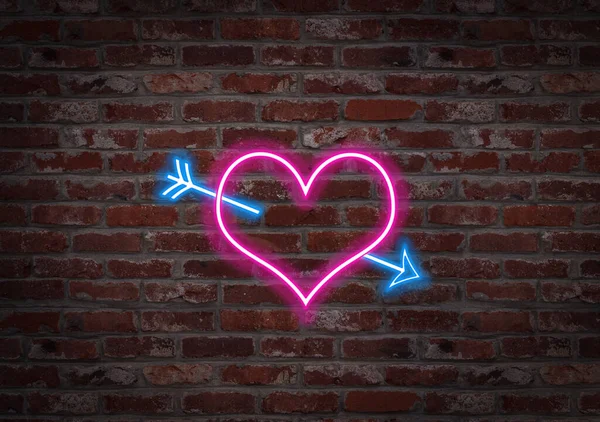 Hearth Kształt Neonu Światła Ścianie Cegły — Zdjęcie stockowe