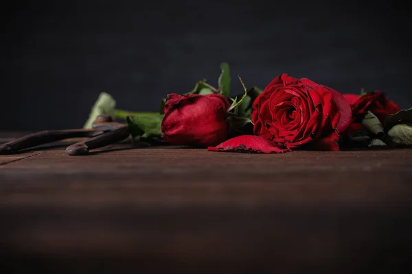 Uwiędnięta Róża Ciemnym Szarym Tle Drewniany Stół Płatkami Liśćmi Upadku — Zdjęcie stockowe