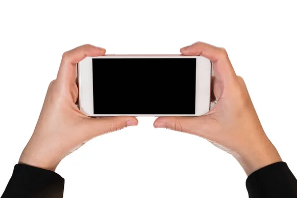 Hand Meisje Met Mobiele Geïsoleerde Witte Achtergrond — Stockfoto