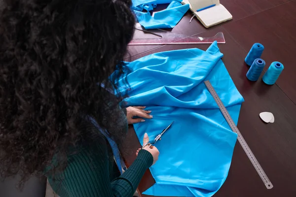 Dressmaker Cutting Blue Fabric Tailor Studio Atelier Shop — Stock Photo, Image