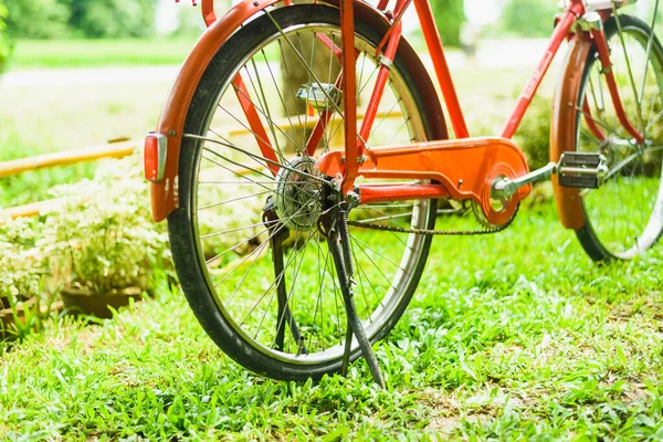 绿色草地上的红色旧自行车 — 图库照片