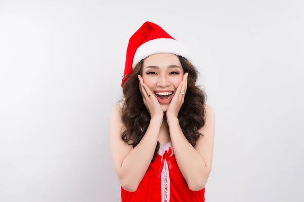 Beautiful Smiling Female Asian Model Wear Santa Hat — Stock Photo, Image