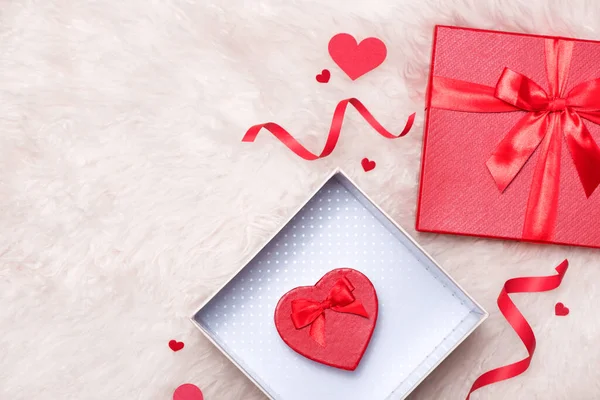 Conceito Amor Vista Superior Caixas Presente Vermelho Com Arco — Fotografia de Stock