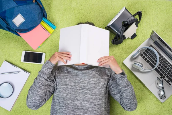 Tired Asian Young Man Book His Face Lying Floor — Stock Photo, Image