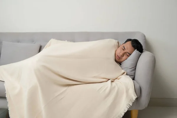 Asian Eldely Sick Man Feel Headache Lying Sofa Home — Stock Photo, Image