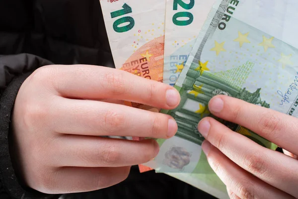 Hands Holding Cash Euro Banknotes Currencies — Stock Photo, Image