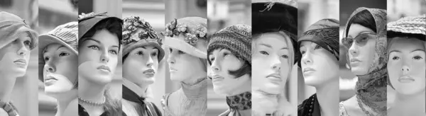 mannequins wearing hats and scarfs, black and white
