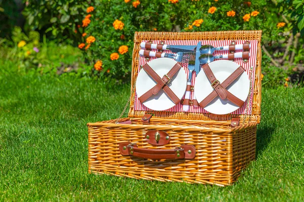 Picnic Basket Green Sunny Lawn Park — Stock Photo, Image